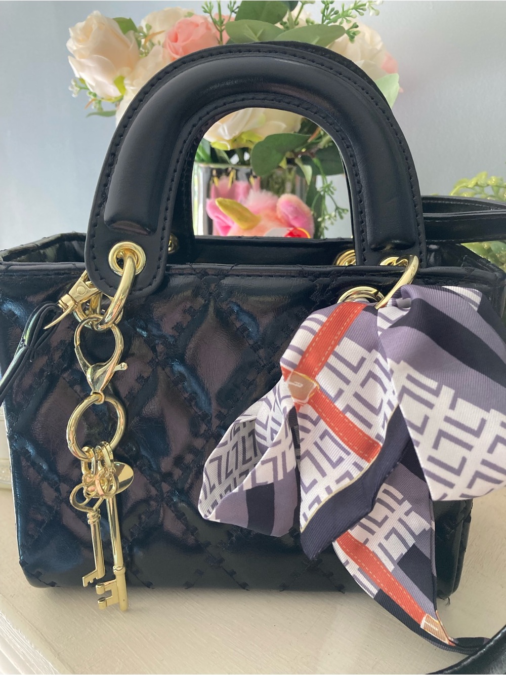 Source Unknown Black Quilted Patent Satchel with Scarf Accent - Picture 4 of 4